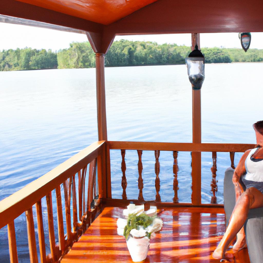Woman relaxing on lake house porch