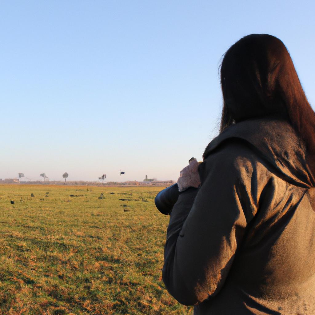 Woman observing birds in field