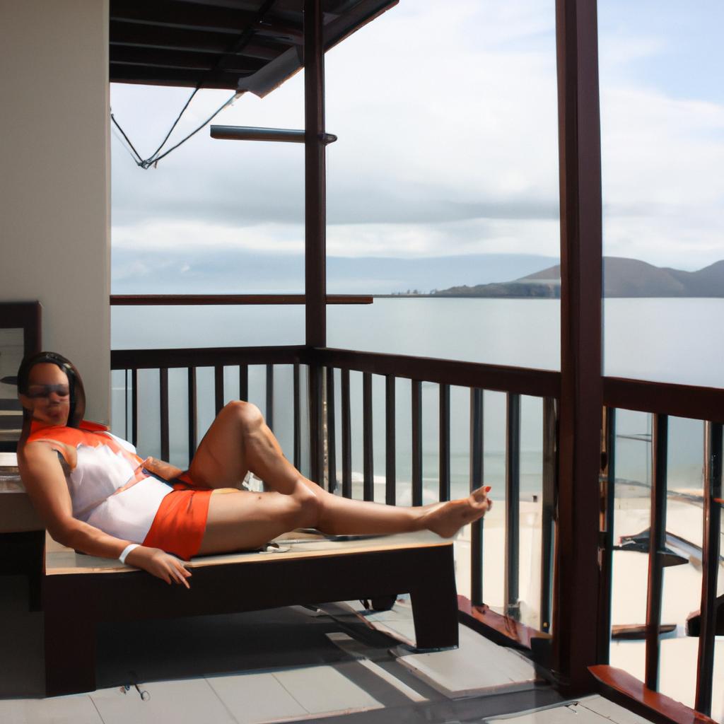 Woman lounging on beachfront balcony